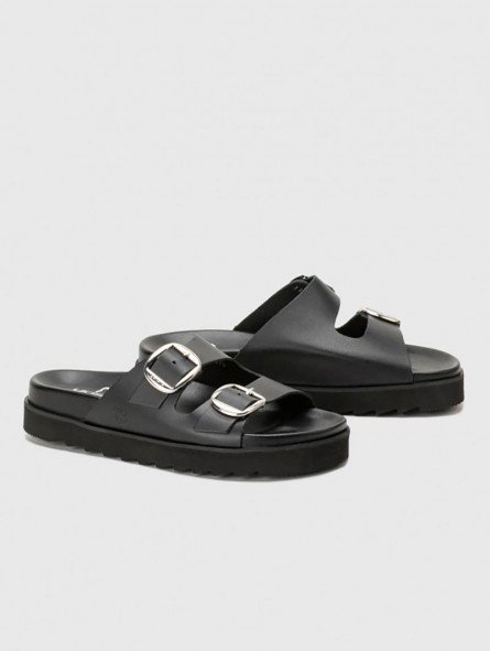 Sandalias hebillas Bio Yokono Ifach 001 Negro, planas, piel, made in spain, vista general